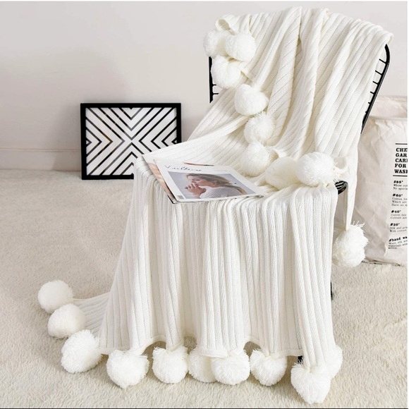 Urban Outfitters Other - Classic White/Ivory Pompom Fringe Chic Cozy Soft Bedroom Throw Blanket/Cover